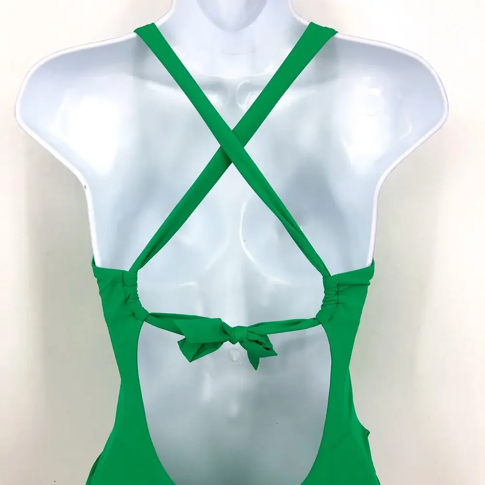 BECCA Baja Mar One Piece Swimsuit Small Green Verde Bow Side Open Back NWT